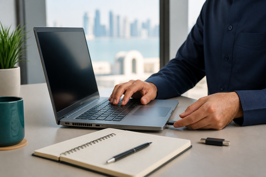 Illustration of a buyer checking a used laptop before purchase in Qatar